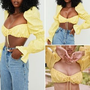 House of CB Henrietta Lemon Yellow Floral Shirred Bralette Top Puff Sleeve